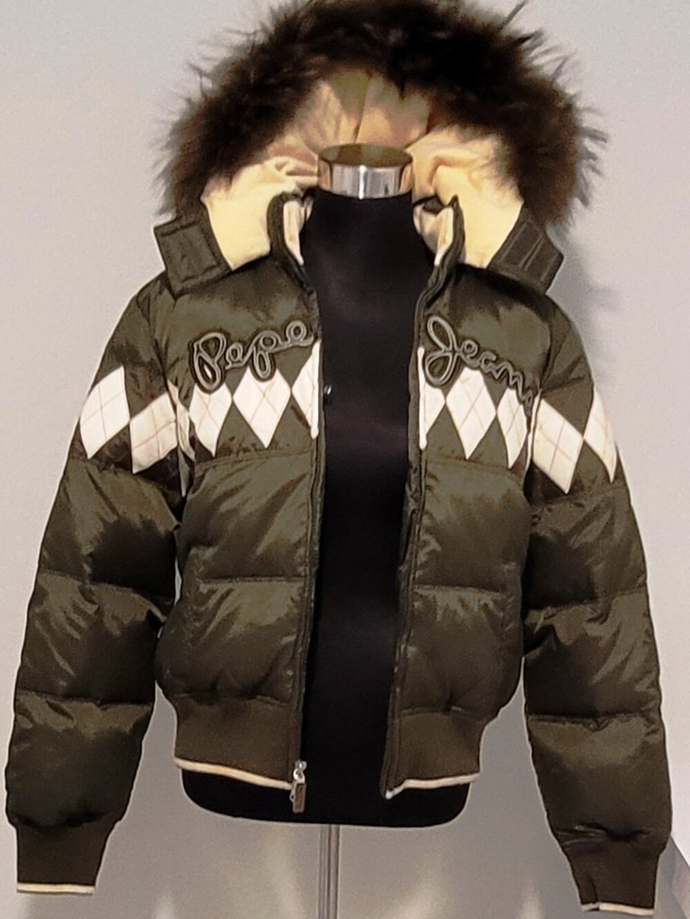 Real Coyote Fur Trimmed Hooded Pepe Jeans of London Down Bomber Jacket Size L